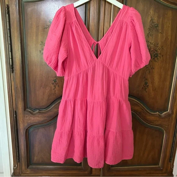 XiRENA~ Pink Nissa Cotton Gauze Tiered Puff Sleeve Mini Dress in size Medium - Picture 4 of 16